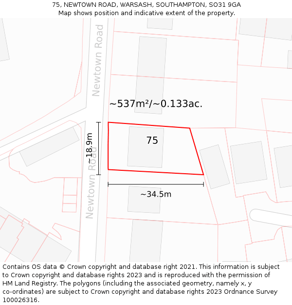 75, NEWTOWN ROAD, WARSASH, SOUTHAMPTON, SO31 9GA: Plot and title map