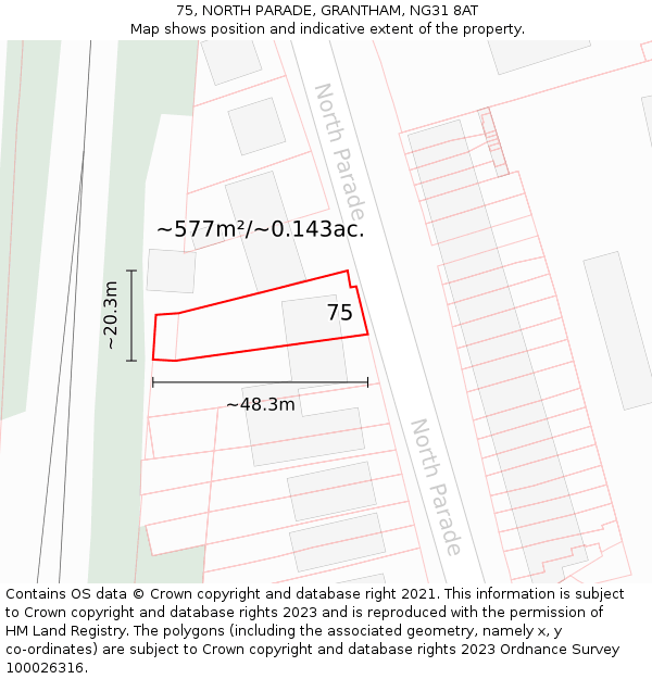 75, NORTH PARADE, GRANTHAM, NG31 8AT: Plot and title map