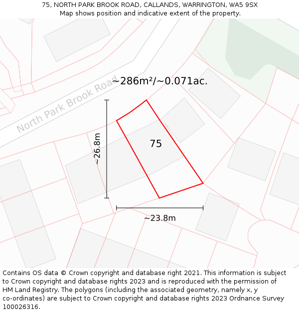 75, NORTH PARK BROOK ROAD, CALLANDS, WARRINGTON, WA5 9SX: Plot and title map