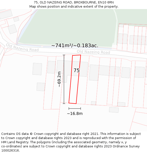 75, OLD NAZEING ROAD, BROXBOURNE, EN10 6RN: Plot and title map