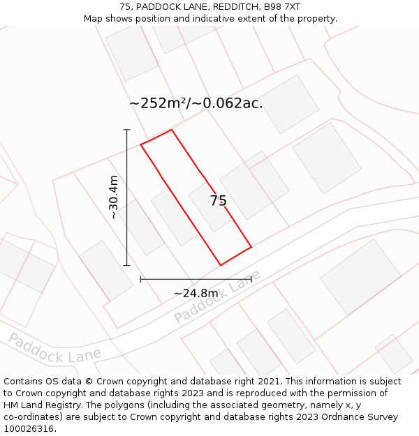 75, PADDOCK LANE, REDDITCH, B98 7XT: Plot and title map