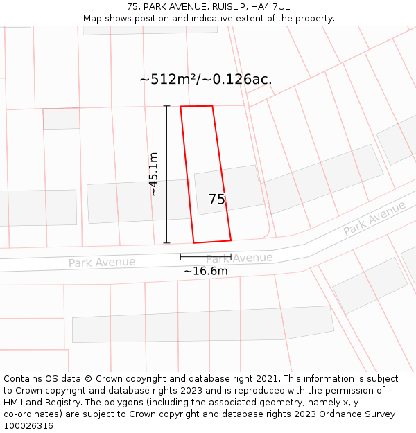 75, PARK AVENUE, RUISLIP, HA4 7UL: Plot and title map