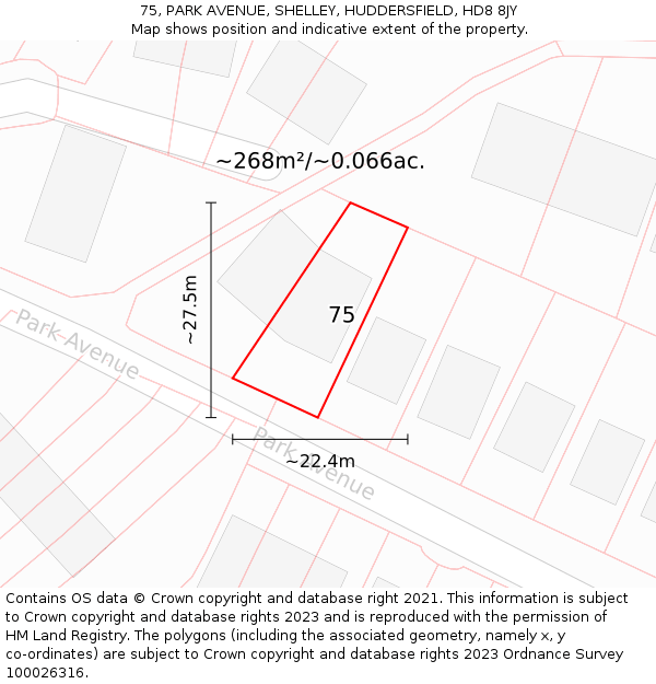 75, PARK AVENUE, SHELLEY, HUDDERSFIELD, HD8 8JY: Plot and title map