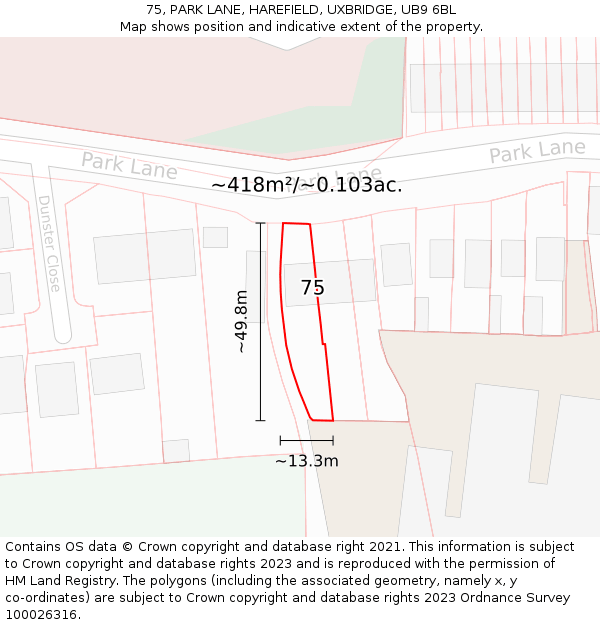 75, PARK LANE, HAREFIELD, UXBRIDGE, UB9 6BL: Plot and title map