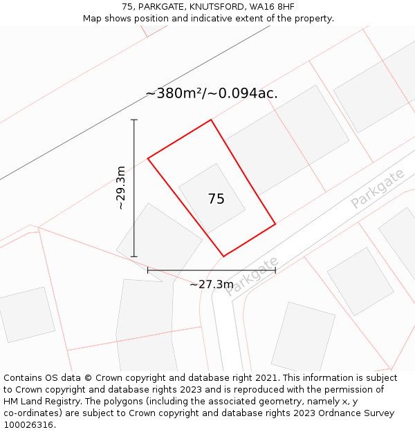 75, PARKGATE, KNUTSFORD, WA16 8HF: Plot and title map