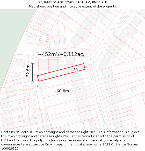 75, PARSONAGE ROAD, RAINHAM, RM13 9LE: Plot and title map