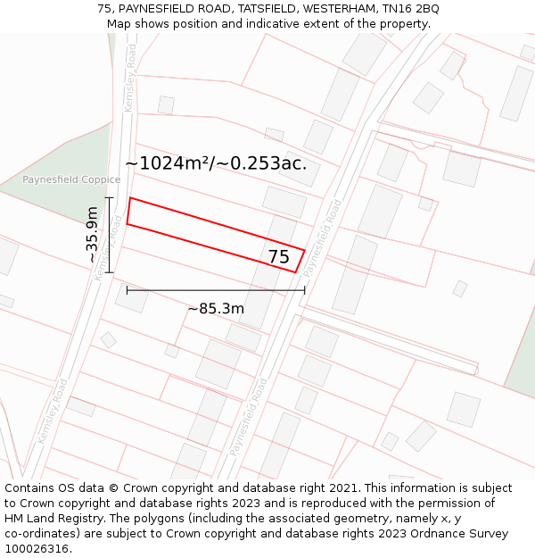 75, PAYNESFIELD ROAD, TATSFIELD, WESTERHAM, TN16 2BQ: Plot and title map