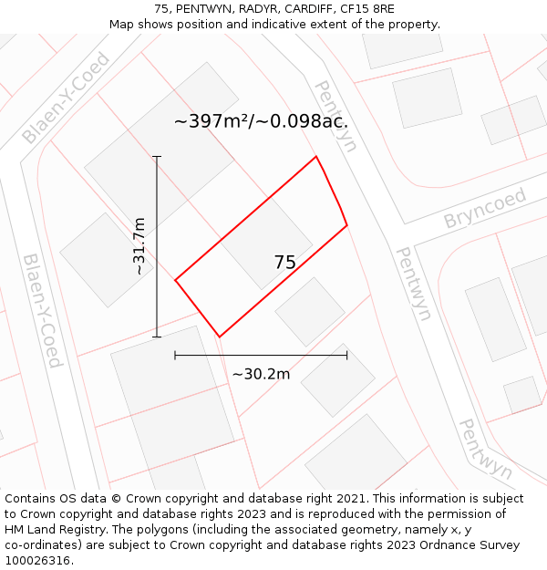 75, PENTWYN, RADYR, CARDIFF, CF15 8RE: Plot and title map