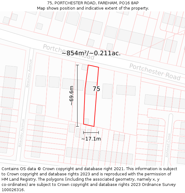 75, PORTCHESTER ROAD, FAREHAM, PO16 8AP: Plot and title map