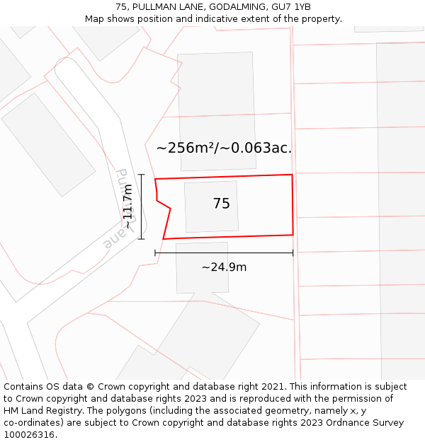 75, PULLMAN LANE, GODALMING, GU7 1YB: Plot and title map