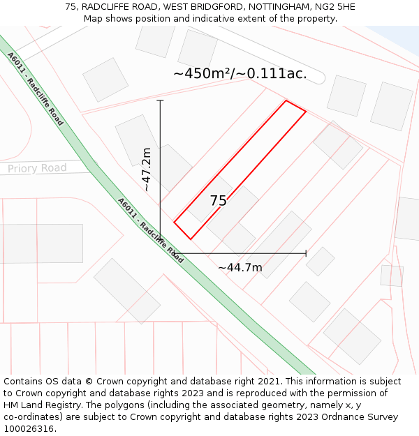 75, RADCLIFFE ROAD, WEST BRIDGFORD, NOTTINGHAM, NG2 5HE: Plot and title map