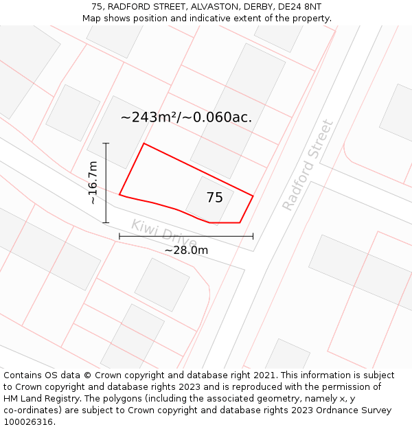 75, RADFORD STREET, ALVASTON, DERBY, DE24 8NT: Plot and title map