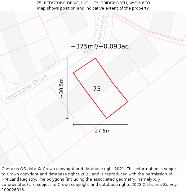 75, REDSTONE DRIVE, HIGHLEY, BRIDGNORTH, WV16 6EQ: Plot and title map