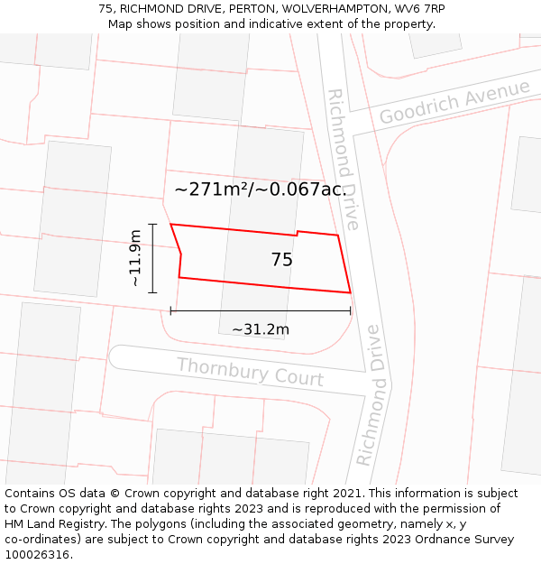 75, RICHMOND DRIVE, PERTON, WOLVERHAMPTON, WV6 7RP: Plot and title map