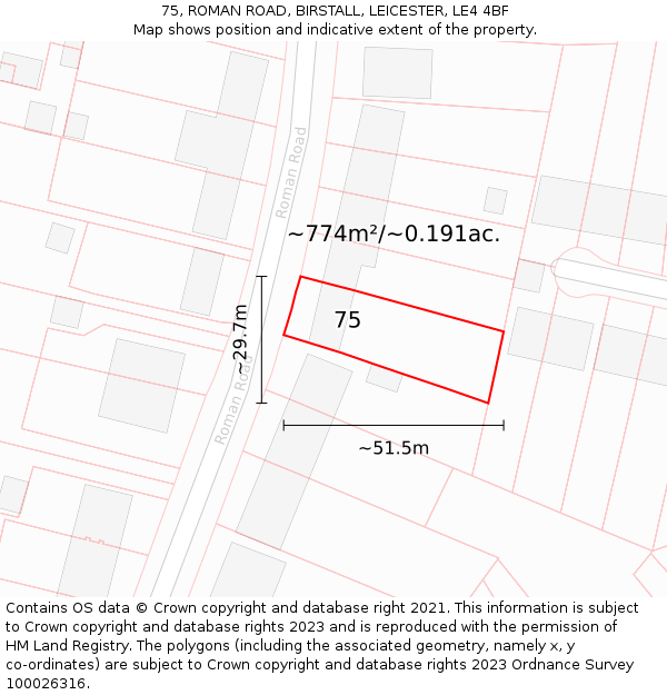 75, ROMAN ROAD, BIRSTALL, LEICESTER, LE4 4BF: Plot and title map