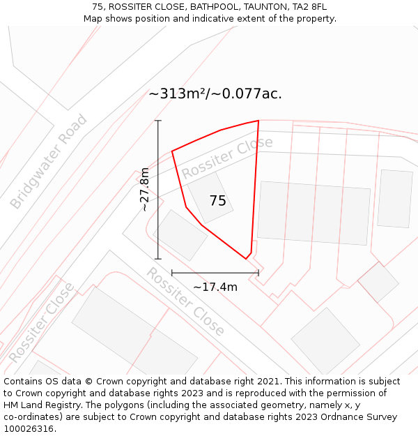 75, ROSSITER CLOSE, BATHPOOL, TAUNTON, TA2 8FL: Plot and title map