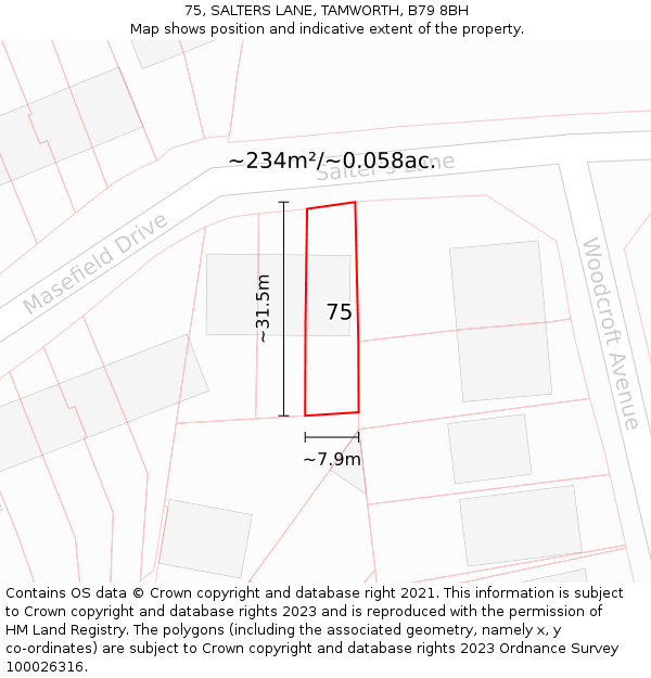 75, SALTERS LANE, TAMWORTH, B79 8BH: Plot and title map