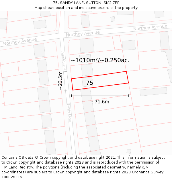 75, SANDY LANE, SUTTON, SM2 7EP: Plot and title map