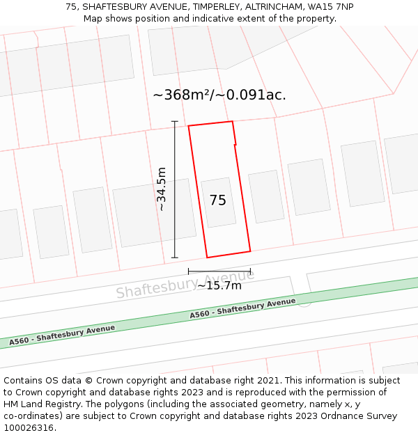 75, SHAFTESBURY AVENUE, TIMPERLEY, ALTRINCHAM, WA15 7NP: Plot and title map