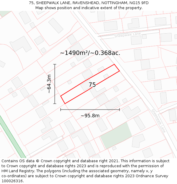 75, SHEEPWALK LANE, RAVENSHEAD, NOTTINGHAM, NG15 9FD: Plot and title map