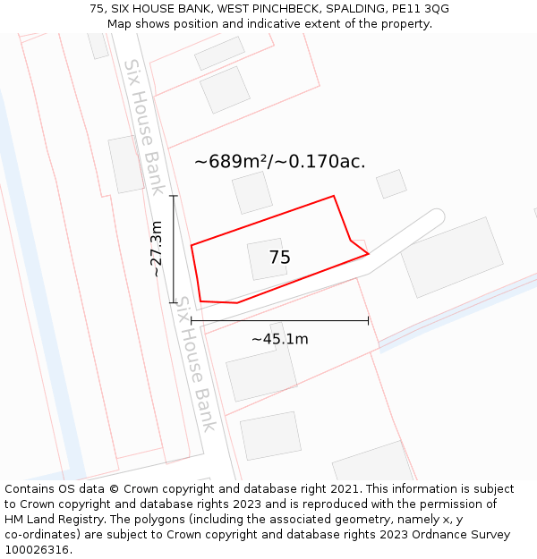 75, SIX HOUSE BANK, WEST PINCHBECK, SPALDING, PE11 3QG: Plot and title map