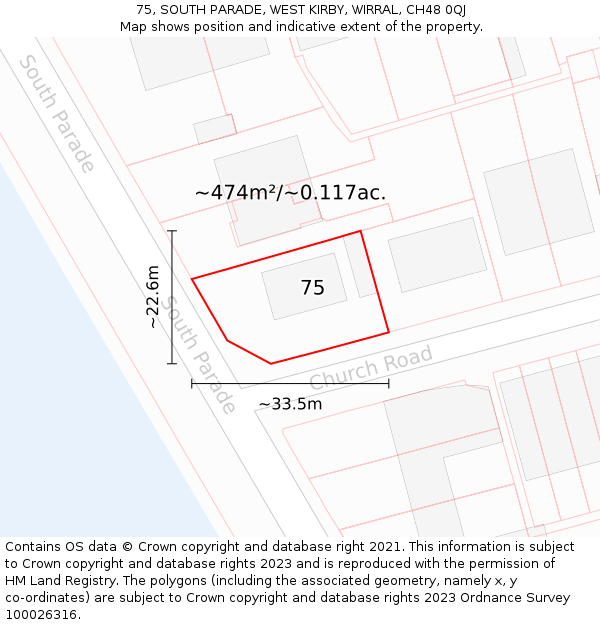 75, SOUTH PARADE, WEST KIRBY, WIRRAL, CH48 0QJ: Plot and title map