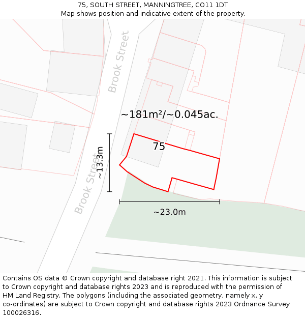 75, SOUTH STREET, MANNINGTREE, CO11 1DT: Plot and title map