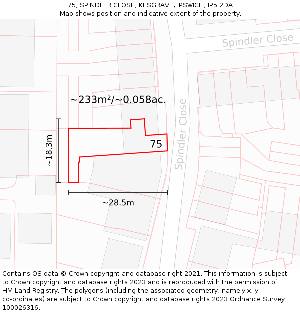 75, SPINDLER CLOSE, KESGRAVE, IPSWICH, IP5 2DA: Plot and title map