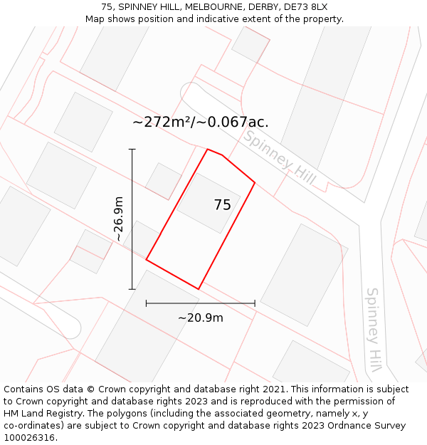 75, SPINNEY HILL, MELBOURNE, DERBY, DE73 8LX: Plot and title map