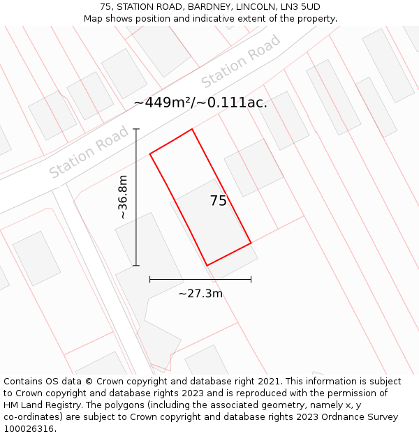 75, STATION ROAD, BARDNEY, LINCOLN, LN3 5UD: Plot and title map