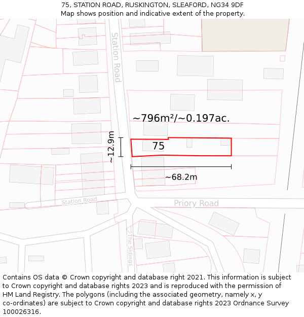 75, STATION ROAD, RUSKINGTON, SLEAFORD, NG34 9DF: Plot and title map