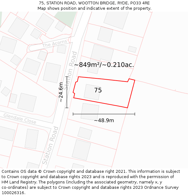 75, STATION ROAD, WOOTTON BRIDGE, RYDE, PO33 4RE: Plot and title map