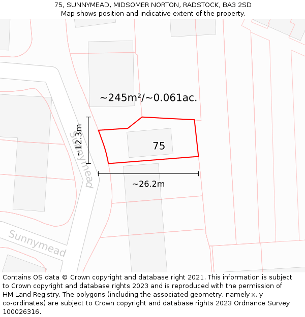 75, SUNNYMEAD, MIDSOMER NORTON, RADSTOCK, BA3 2SD: Plot and title map