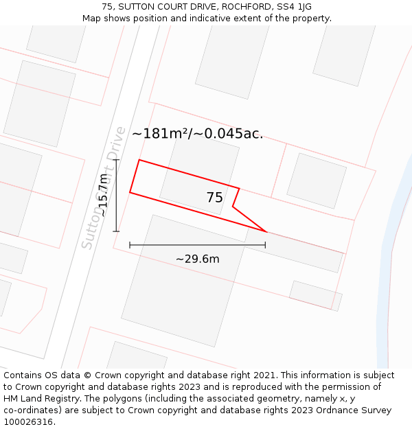 75, SUTTON COURT DRIVE, ROCHFORD, SS4 1JG: Plot and title map