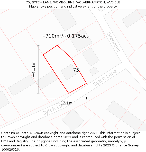 75, SYTCH LANE, WOMBOURNE, WOLVERHAMPTON, WV5 0LB: Plot and title map