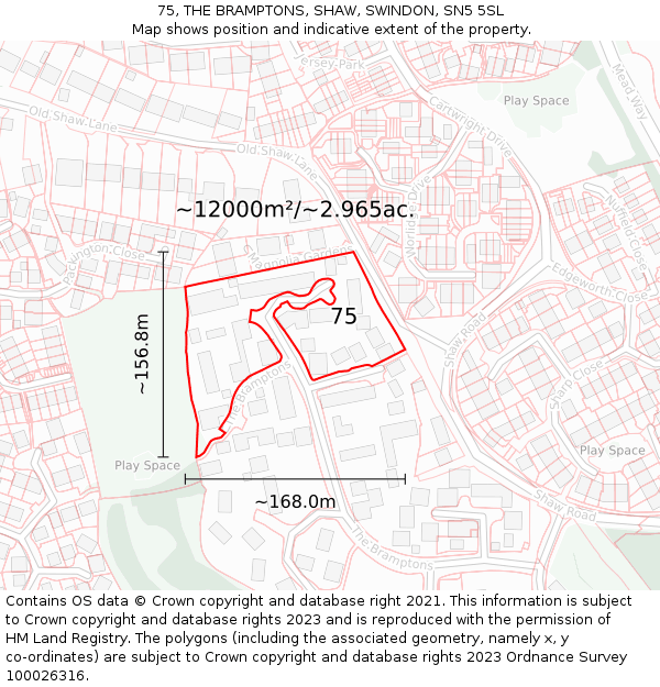 75, THE BRAMPTONS, SHAW, SWINDON, SN5 5SL: Plot and title map