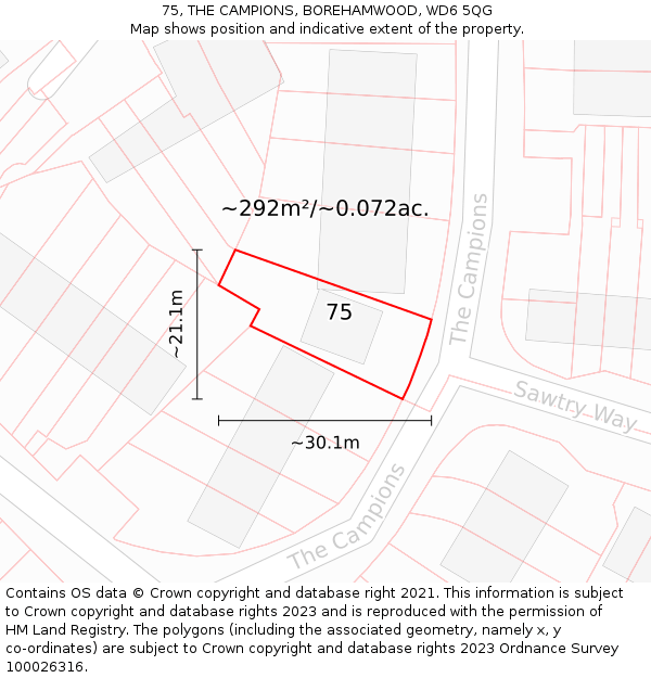 75, THE CAMPIONS, BOREHAMWOOD, WD6 5QG: Plot and title map