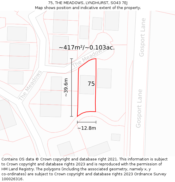 75, THE MEADOWS, LYNDHURST, SO43 7EJ: Plot and title map