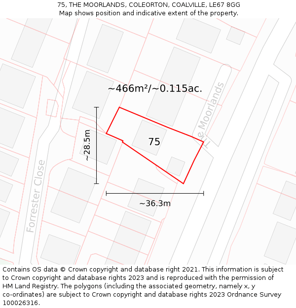 75, THE MOORLANDS, COLEORTON, COALVILLE, LE67 8GG: Plot and title map