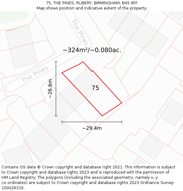 75, THE PINES, RUBERY, BIRMINGHAM, B45 9FF: Plot and title map