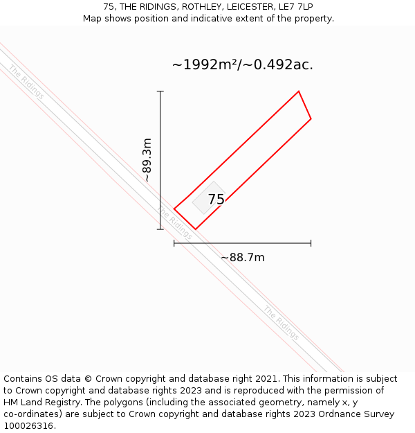 75, THE RIDINGS, ROTHLEY, LEICESTER, LE7 7LP: Plot and title map