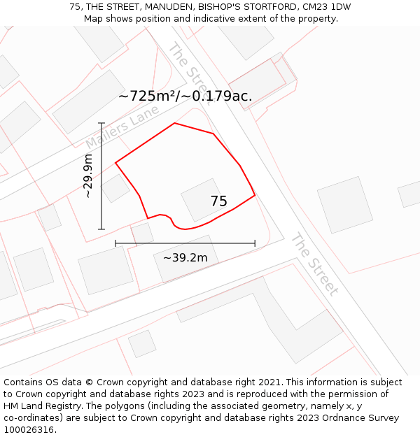 75, THE STREET, MANUDEN, BISHOP'S STORTFORD, CM23 1DW: Plot and title map