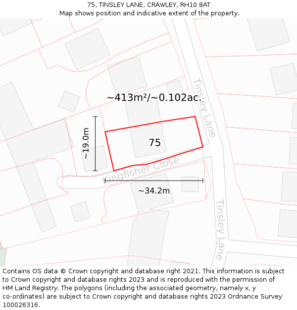 75, TINSLEY LANE, CRAWLEY, RH10 8AT: Plot and title map