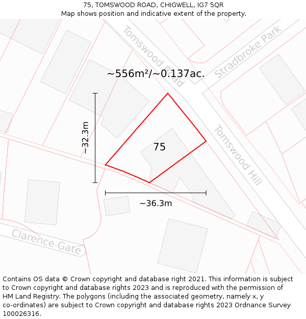 75, TOMSWOOD ROAD, CHIGWELL, IG7 5QR: Plot and title map