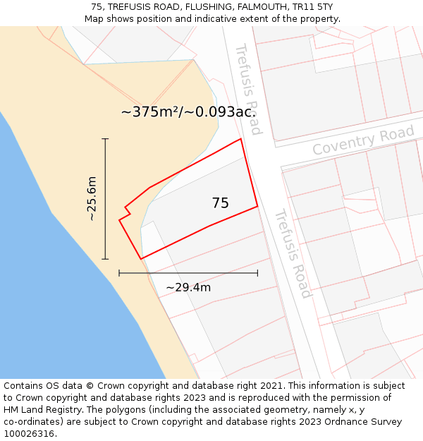 75, TREFUSIS ROAD, FLUSHING, FALMOUTH, TR11 5TY: Plot and title map