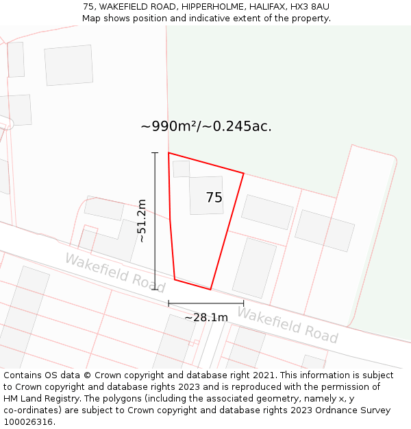 75, WAKEFIELD ROAD, HIPPERHOLME, HALIFAX, HX3 8AU: Plot and title map