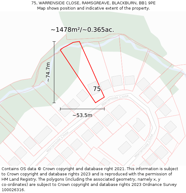 75, WARRENSIDE CLOSE, RAMSGREAVE, BLACKBURN, BB1 9PE: Plot and title map