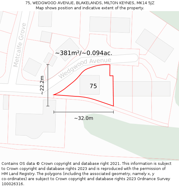 75, WEDGWOOD AVENUE, BLAKELANDS, MILTON KEYNES, MK14 5JZ: Plot and title map