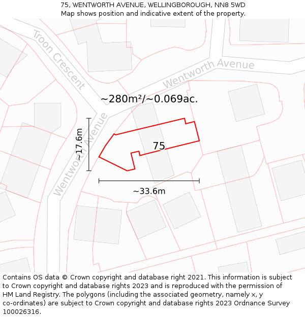 75, WENTWORTH AVENUE, WELLINGBOROUGH, NN8 5WD: Plot and title map