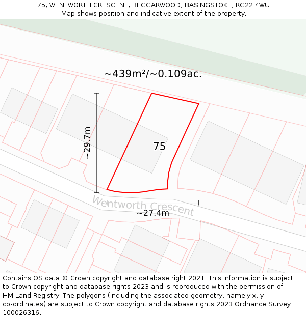 75, WENTWORTH CRESCENT, BEGGARWOOD, BASINGSTOKE, RG22 4WU: Plot and title map
